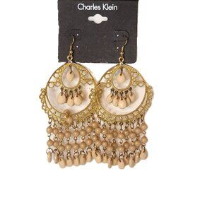NWT Charles Klein Gold Tone Ivory Brown Bead Stone Large 4" Drop Dangle Earrings